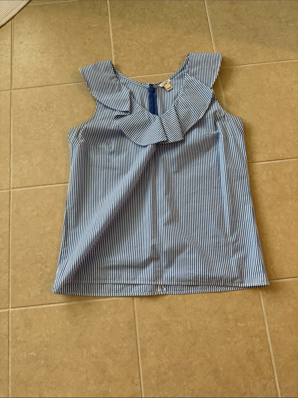 J. Crew Factory Blue and White Striped Ruffle Neck Tank
